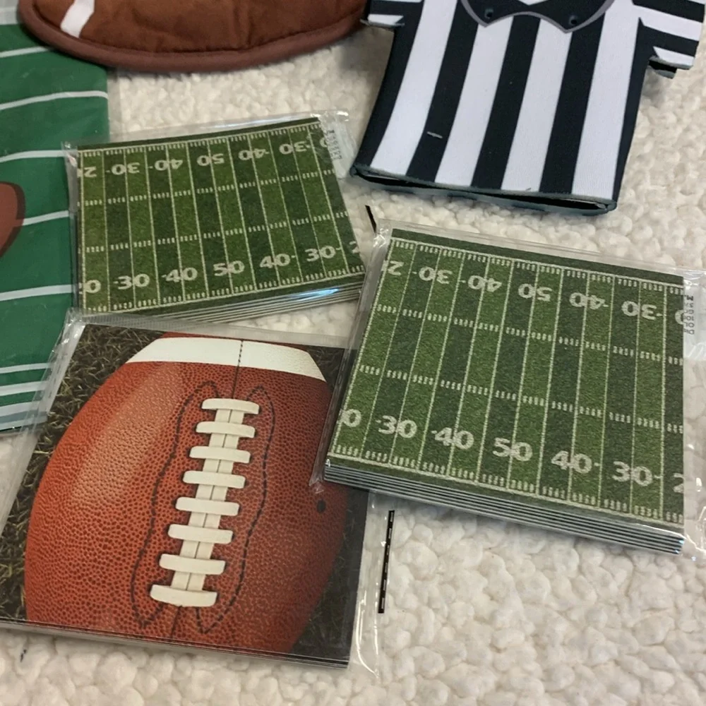 Football Party 40 pc Set Tablecloth Straws Coasters Coozie Ice Trays Cups & More